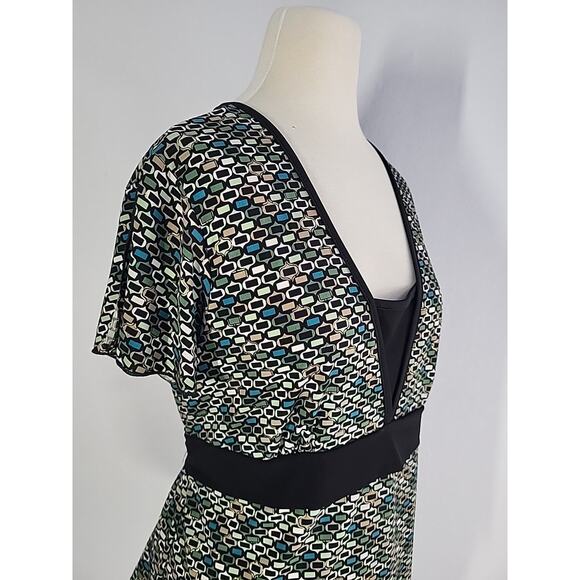 Vintage 90s Babydoll Top Black Green Geometric Flutter Short Sleeve Bow Boho USA - Picture 6 of 15